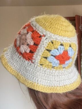 Crochet Bucket Hat in Yellow, Cream, Orange, Blue